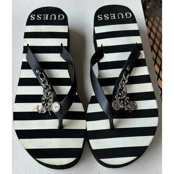 Guess Brand Women's Black White Striped Sandals w/Charms Size 9.5/10 (READ) - Picture 2 of 10